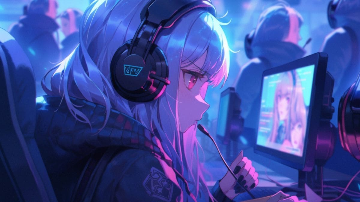 Cyberpunk Anime Girl Gaming with Headphones